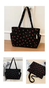 Details zur schwarzen Cord Shopper Tasche mit Erdbeerprint, lässige Umhängetasche.