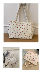 Kordsamt Shopper Tasche mit Erdbeer Muster für Damen, große lässige Schultertasche im Alltag.