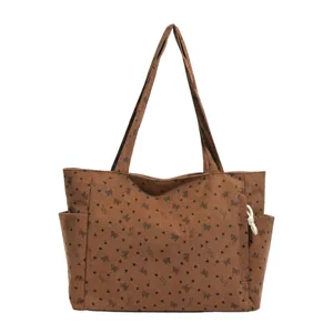 Braune Kord Shopper Tasche fuer Damen, groosse kapazitaet freizeit schultertasche mit print.
