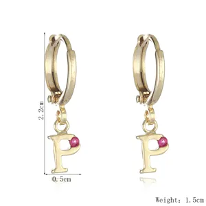 Gold-plated letter P hoop earrings with pink crystal charm for women daily fashion jewelry.