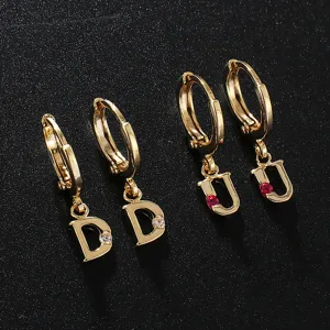 Gold-plated hoop earrings featuring alphabet letter pendants with sparkling cubic zirconia.