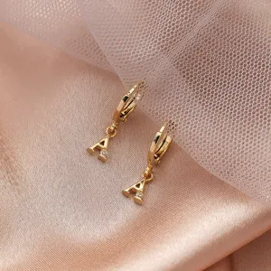 Gold tone letter A pendant hoop earrings with sparkling cubic zirconia chic jewelry piece