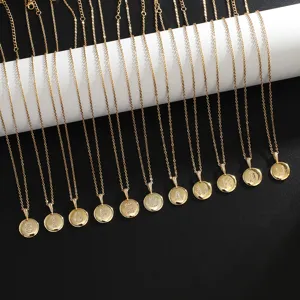 Fashion Stainless Steel Chain Copper Initial Letter Pendant Necklace Gold Plated Zirconia Round Disc Jewelry For Women