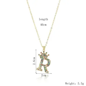 Gold-tone crown letter R pendant necklace with colorful rhinestone pave detailing length 46cm
