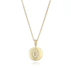 Gold initial Q pendant necklace detail view, dainty letter charm with sparkling stones.