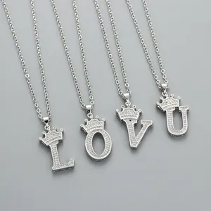 Silver rhinestone letter crown pendant necklace set featuring LOVU charms for trendy daily wear.