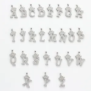 Silver crown alphabet pendant set featuring dazzling rhinestone paved letters from A to Z.