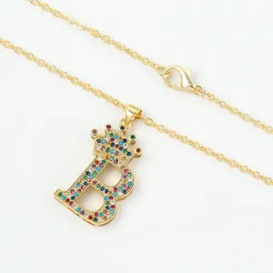 Exquisite colorful rhinestone letter B crown pendant necklace with zircon gold chain