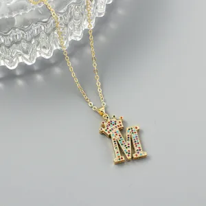 Gold-plated letter M crown pendant necklace with colorful cubic zirconia for women fashion