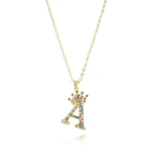 Detailed view of gold plated initial letter A crown pendant necklace with colorful crystal stones