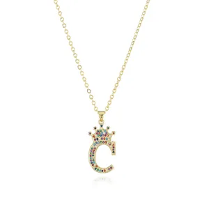 Exquisite gold-plated letter C crown pendant necklace with dazzling colorful pavé cubic zirconia.