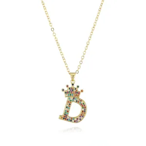 Crystal crown letter D pendant necklace detail, sparkling multi-color rhinestone charm.