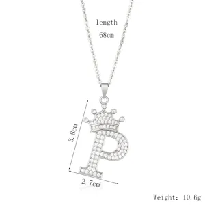 Zircon micro-inlaid letter crown pendant necklace detail, showcasing dimensions and length.