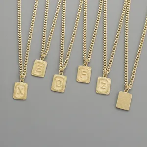 Gold Plated Copper Initial Necklace For Women Chunky Chain Rectangle Letter A-Z Pendant Zirconia Fashion Jewelry