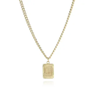 Gold letter L pendant necklace detail view, exquisite rectangular engraved charm closeup.