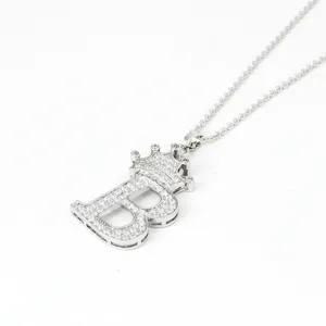 Exquisite micro-set zirconia letter B necklace with crown pendant, elegant silver style detail.