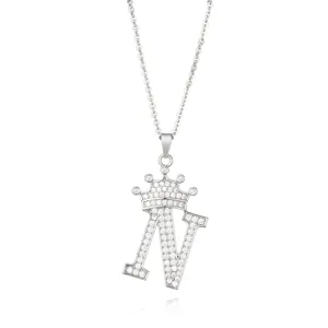 Silver zirconia pave letter N crown pendant necklace detail view, elegant shiny jewelry accessory.