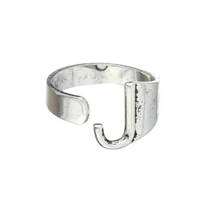 Bague ouverte lettre J argenté vintage, bague alphabet réglable en cuivre tendance.