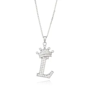 Close-up detail of the sparkling cubic zirconia paved letter L crown necklace pendant.