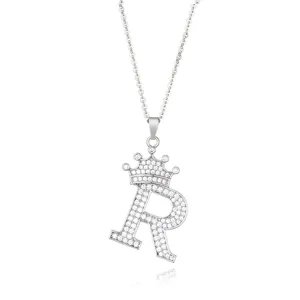 Close up of the sparkling crown letter R pendant with micro-set zircon stones on fine chain.