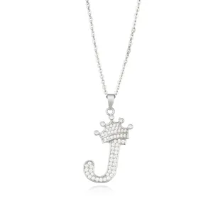 Detailed close-up shot of the stunning silver micro-set zircon letter J crown pendant necklace.