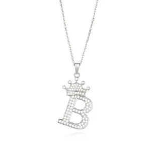 Detailed view of the sparkling zircon paved crown letter B pendant necklace in silver.