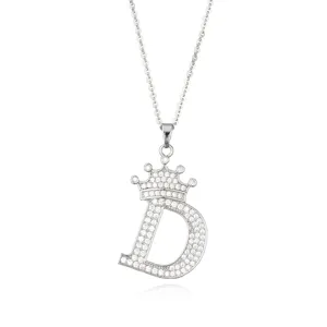 Silver micro-pave cubic zirconia letter D crown pendant necklace minimalist jewelry piece.