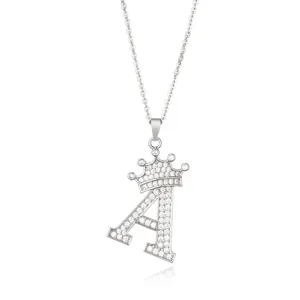 Detail shot of the silver zircon micro-pave crown letter A pendant necklace design.