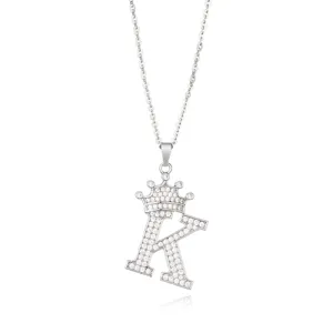 Silver Letter K Pendant Necklace with Crown, Pavé Zirconia Detail for Women and Girls