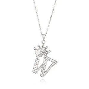 Detailed view of a silver crown letter W pendant necklace paved with sparkling cubic zirconia.