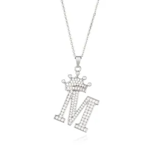 Silver crown letter M rhinestone pendant necklace, elegant fashion jewelry accessory.