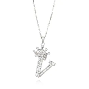 Micro-pave cubic zirconia letter crown pendant necklace sparkling silver detail close-up