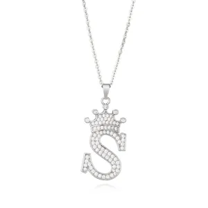 Exquisite silver necklace featuring a sparkling crown letter S pendant with paved zirconia stones.