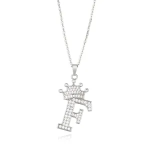 Silver micro-pave cubic zirconia letter F crown pendant necklace for women daily wear