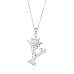 Exquisite pavé zirconia letter Y crown pendant necklace detail, sparkling silver jewelry