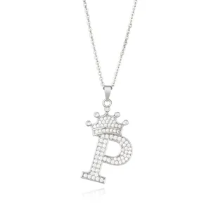 Silver initial letter P necklace with shimmering cubic zirconia pave and a cute crown pendant.