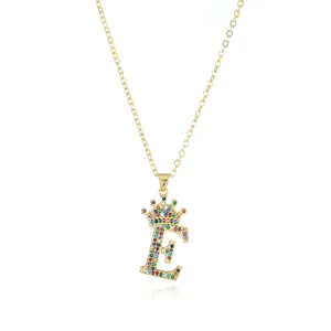 Dazzling gold multi-color crystal crown letter E pendant necklace for daily wear
