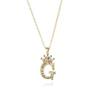 Gold-plated rainbow rhinestone letter G crown pendant necklace fashion jewelry for women gifts