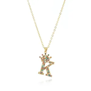 Gold-plated crown letter K pendant necklace with colorful rhinestones for women fashion jewelry