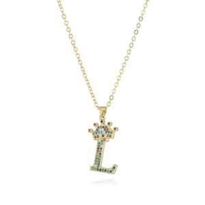 Gold-plated colorful rhinestone letter L crown pendant necklace for women fashion jewelry detail