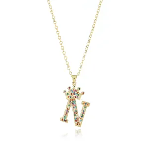 Gold-tone rhinestone crown letter pendant necklace featuring vibrant multi-colored crystal embellishment.