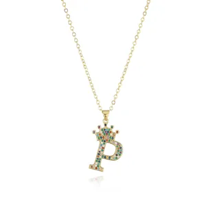 Exquisite gold crown letter P pendant necklace decorated with colorful cubic zirconia stones.