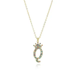 Gold-plated letter Q crown pendant necklace featuring colorful crystal pavé stones.