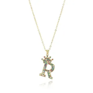 Detailed view of the colorful rhinestone crown letter R pendant necklace, dazzling sparkle.
