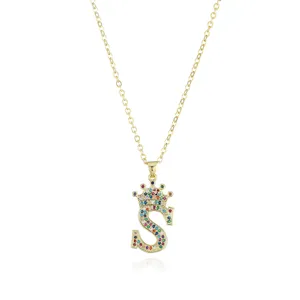 Gold-plated colorful crystal rhinestone crown letter S pendant necklace for fashion