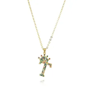 Gold-plated colorful crystal rhinestone letter T crown pendant necklace for women fashion jewelry