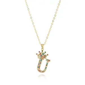 Gold-plated colorful rhinestone crown letter U pendant necklace, fashion charming jewelry.