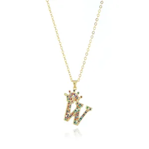 Gold-plated crown letter W pendant necklace detailed with sparkling colorful crystal stones.