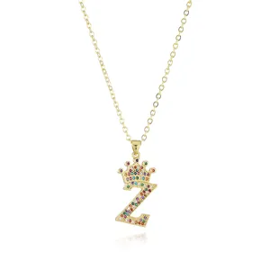 Gold-plated crown letter Z pendant necklace with colorful pavé crystals for women fashion jewelry.