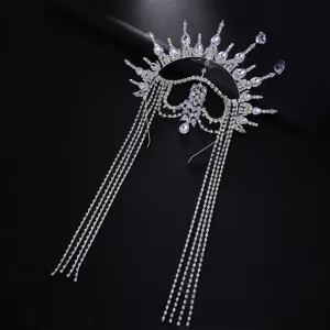 Silver rhinestone sunburst halo crown with long tassel chains for festival party hair accessories.